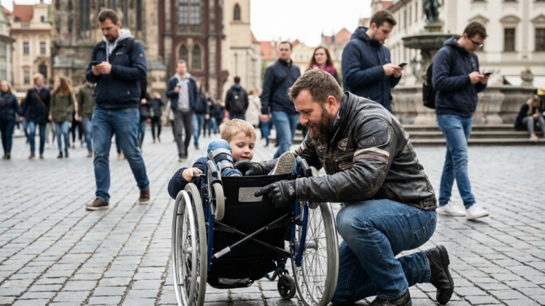 NEXT PART – THE DISABLED BOY WAS PUSHED FROM HIS WHEELCHAIR IN THE PUBLIC SQUARE WHILE EVERYONE PRETENDED NOT TO SEE — BUT THE BIKER WHO HELPED HIM UP FROZE WHEN HE SAW THE TAG UNDER HIS SEAT