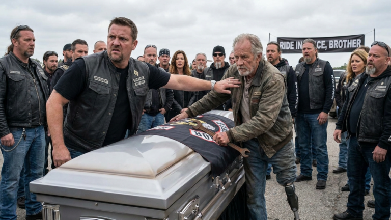 NEXT PART – THE CLUB PRESIDENT PUSHED A ONE-LEGGED MECHANIC AWAY FROM THE FRONT ROW OF THE MOTORCYCLE FUNERAL AND CALLED HIM DEAD WEIGHT — BUT HIS SMIRK DIED WHEN THE OLD WRENCH IN THE MAN’S HAND TOUCHED THE CASKET