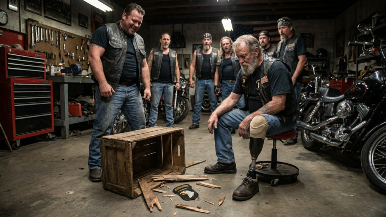 NEXT PART – THE ARROGANT BIKER SHATTERED THE ONE-LEGGED VETERAN’S WOODEN BOX ON THE CLUBHOUSE GARAGE FLOOR AND LAUGHED AT HIS WAR STORIES — UNTIL AN OLD UNIT PATCH SLID FROM THE SPLINTERS