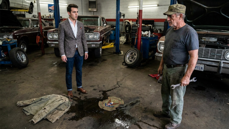 NEXT PART – THE RICH GARAGE OWNER’S NEPHEW RIPPED THE OLD VETERAN’S JACKET OFF HIS SHOULDERS AND THREW IT INTO THE OIL STAIN — BUT HIS SMILE VANISHED WHEN A HIDDEN PATCH SLID FROM THE LINING