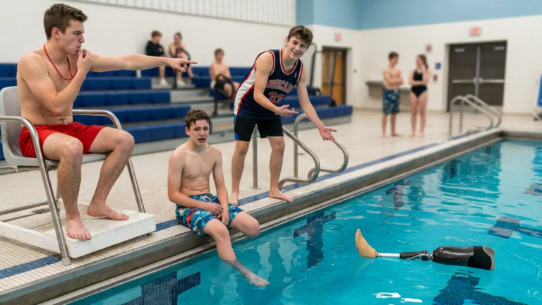 NEXT PART – “SWIM AND GET IT YOURSELF,” THE BASKETBALL CAPTAIN MOCKED AFTER THROWING THE DISABLED BOY’S PROSTHETIC LEG INTO THE DEEP END — UNTIL THE SCHOOL POOL LIFEGUARD BLEW ONE SHARP WHISTLE