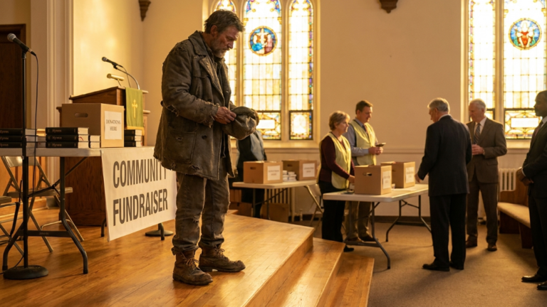 A Famous Pastor’s Wife Dragged A Homeless Man On Stage And Emptied His Pockets, Accusing Him Of Stealing From The Church Fundraiser… But When A Small Silver Cross Hit The Floor, The Retired Bishop Locked The Doors And Demanded Every Receipt.