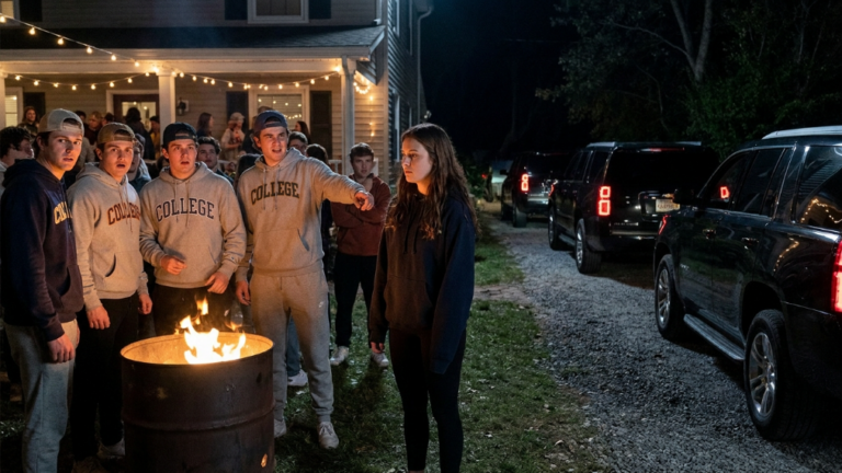NEXT PART – “SAY THANK YOU,” THE FRAT BOYS LAUGHED AFTER TOSSING THE DISABLED GIRL’S PROSTHETIC ARM INTO A ROARING FIRE BARREL OUTSIDE THE PARTY — BUT EVERY SMIRK VANISHED WHEN FOUR BLACK SUVS ROLLED SILENTLY INTO THE DRIVEWAY
