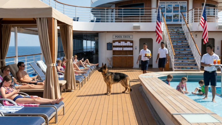 A Wealthy Cruise Guest Tried To Throw A Service Dog Off The Pool Deck For Scaring Her Kids… But When The German Shepherd Dug Out A Wet Passport From Under Her Luxury Cabana, The Captain Froze Every Shore Excursion.