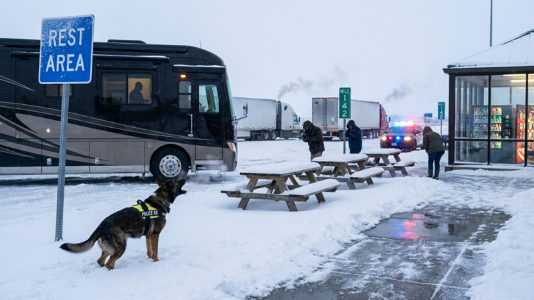 An Arrogant Billionaire Demanded A State Trooper Remove A K9 From A Snowbound Rest Stop… But When The Dog Scratched Open The RV Door And A Faded Hospital Blanket Fell Out, The Trooper Ordered Every Highway Shut Down Immediately.