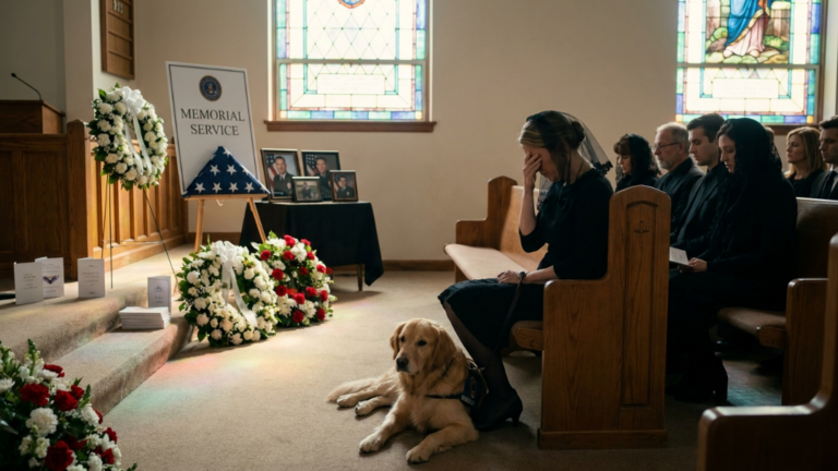 An Arrogant Guest Demanded A Stray Military Dog Be Dragged Away From A Grieving Widow’s Chair In Front Of The Entire Church… But When The Dog Dropped A Rusted Key At Her Feet, The Old Pastor Froze And Ordered Every Door Locked.