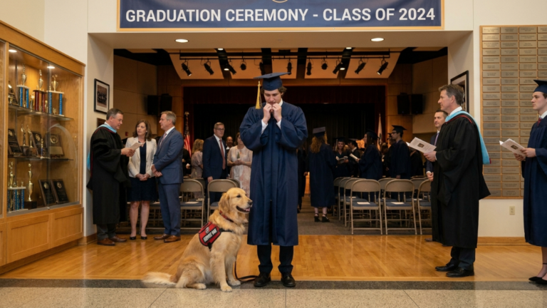 An Elitist Principal Tried To Ban A Poor Student’s Service Dog From Graduation For “Embarrassing The Wealthy Donors”… But When The Dog Ran To The Antique Trophy Case And Scratched Until A Hidden ID Card Fell Out, The Superintendent Ordered The Auditorium Doors Locked.