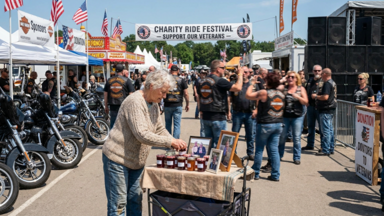 A Group Of Wealthy Punks Kicked Over A Poor Widow’s Cart At A Charity Biker Festival And Laughed… But When The Road Captain Saw The Faded Photograph That Fell Out, He Locked The Main Gates And Ordered Everyone To Stand Dead Still.