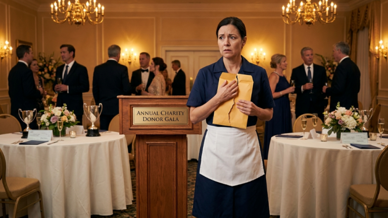 An Arrogant Country Club Heir Shoved A Poor Cleaning Woman Away From The Donor Podium And Accused Her Of Stealing… But When Her Torn Envelope Hit The Floor, The Old Club Founder Recognized The Gold Seal And Ordered Every Donation Check Frozen.