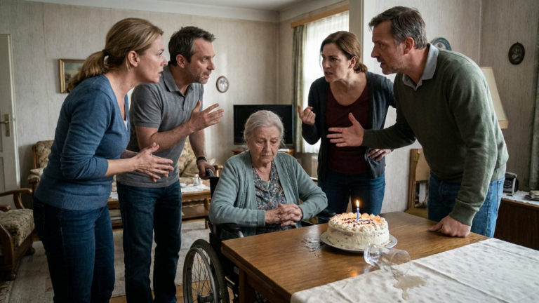 NEXT PART – FIVE GROWN CHILDREN FOUGHT OVER THEIR MOTHER LIKE A BILL NO ONE WANTED TO PAY WHILE SHE SAT SILENTLY IN HER WHEELCHAIR — BUT THE WATER SPILLING OVER HER BIRTHDAY CAKE SAID EVERYTHING