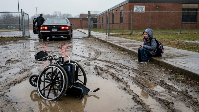 NEXT PART – THEY SMASHED THE DISABLED GIRL’S WHEELCHAIR AND FORCED HER TO CRAWL ACROSS THE MUDDY SCHOOL PARKING LOT — BUT THE FIRST BLACK CAR STOPPED AT THE GATE BEFORE SHE REACHED THE CURB