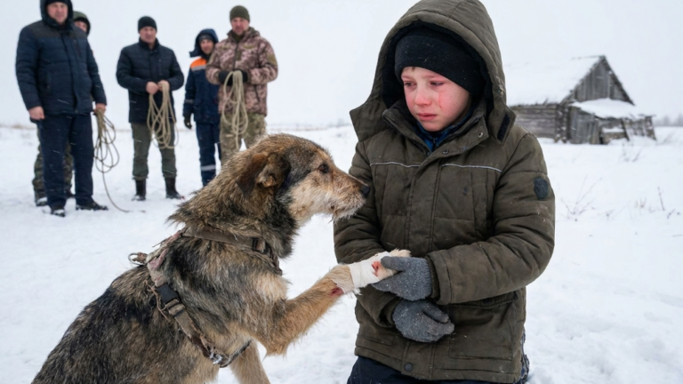 NEXT PART – THE BOY’S EYES BURNED RED IN THE COLD AS HE PROTECTED THE BLEEDING DOG EVERYONE WANTED TO TIE UP — UNTIL THE DOG GENTLY TOUCHED HIS SLEEVE AND PULLED HIM TOWARD SOMETHING NO ONE ELSE HAD HEARD
